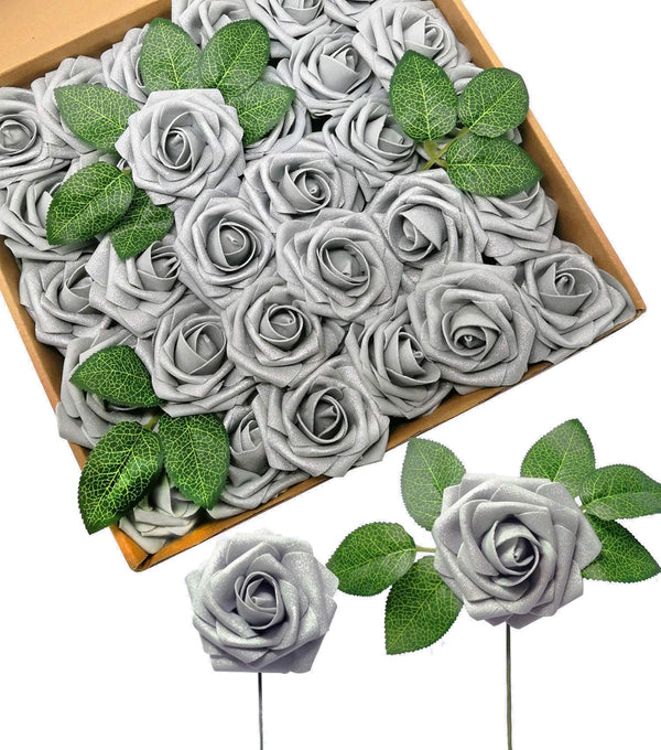 D-Seven Artificial Flowers - 30PCS Real Looking Fake Roses with Stem for DIY Wedding Bouquets