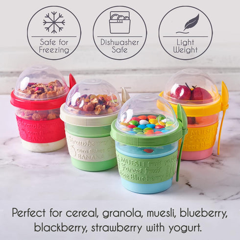 4 Pack 17 oz Set Crystalia On The Go Yogurt Parfait Cups with Lids, Mini Breakfast On the Go Plastic Bowls with Topping