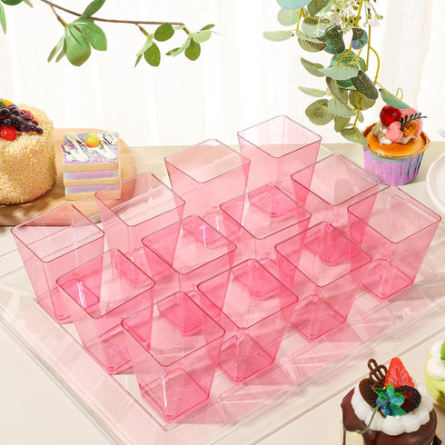 50 5 oz Mifoci Pcs Pink Plastic Dessert Cups Appetizer Cups for Parties Mini Square Disposable Dessert Bowls Parfait