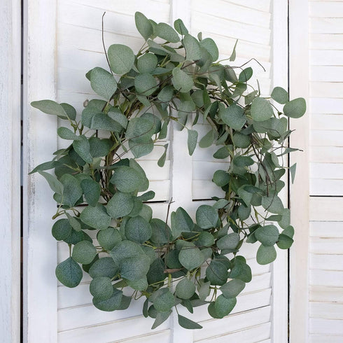 idyllic Eucalyptus Leaves Wreath, 22 Inches Round Green Metal Polyester Fabric Paper for Front Door Decor