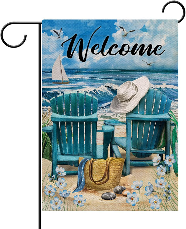 Welcome Summer Blue Sea Ocean Chairs, Myosotis Sylvatica Flower Beach Garden Flag, Tropical Outdoor Decor for Yard
