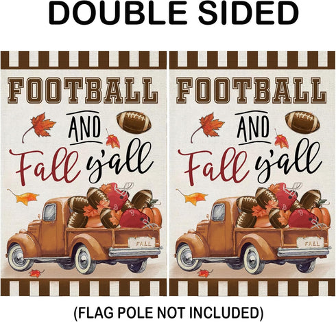 Welcome Thanksgiving Fall Garden Flags - FOOTBALL and Fall Y'all Truck with Maple Leaves, 12x18 Inch Outdoor Decor