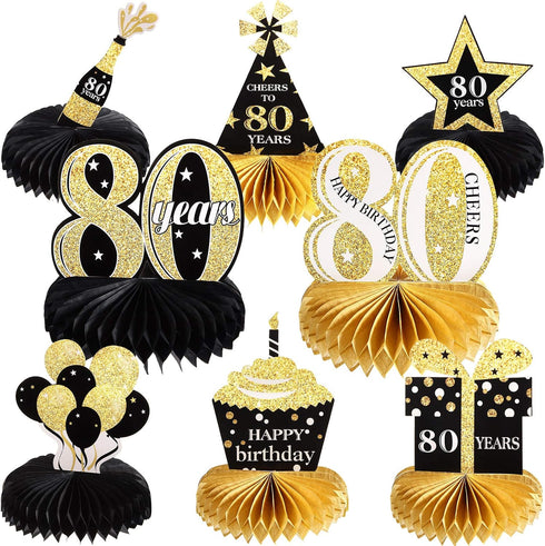 Outus 8 Pcs 80th Birthday Table Decorations, Black Gold Honeycomb Centerpieces for 80 Years Anniversary