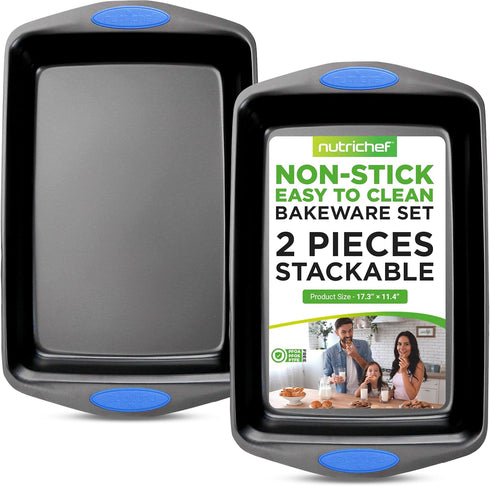 NutriChef 2-Piece Nonstick Baking Pan Set - Black Carbon Steel Bakeware with Silicone Handles, Dishwasher Safe