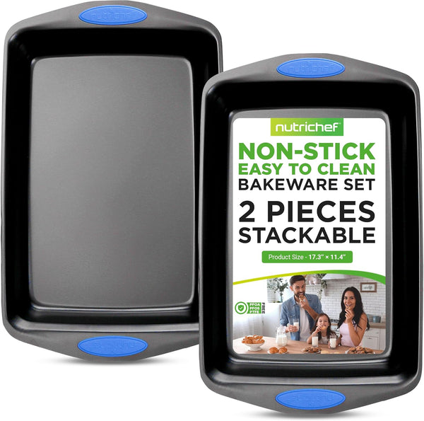 NutriChef 2-Piece Nonstick Baking Pan Set - Black Carbon Steel Bakeware with Silicone Handles, Dishwasher Safe