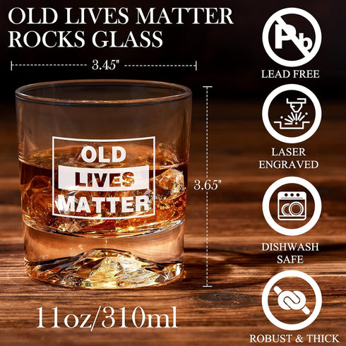 OLD LIVES MATTER Whiskey Glass, Funny Gag Gift for Men Dad, Unique Presents for Fathers Day Christmas Birthday