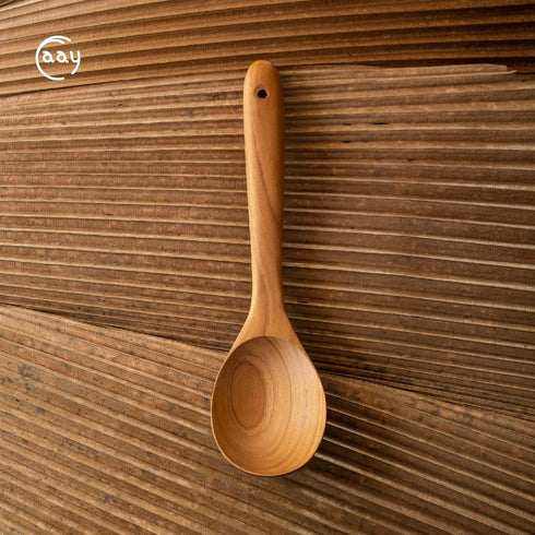 FAAY 12" Big Scoop Spoon, Wide Head, Ergonomic Handle for Cooking and Serving, Golden Teak Wood