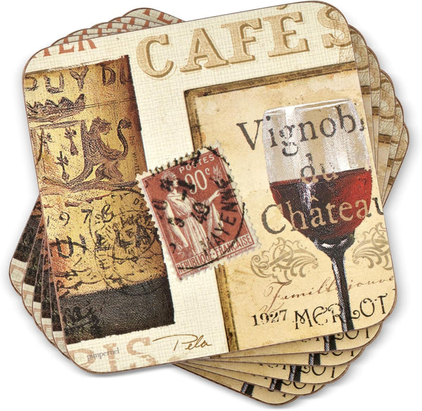 Pimpernel French Cellar Coasters - Set of 6 Rustic Wine Labels Cork-Backed Drink Coasters for Home Decor