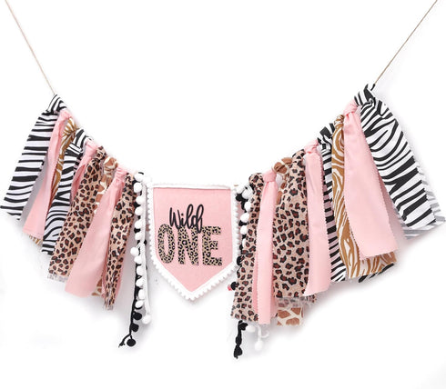 YOUAME Girls Leopard Print High Chair Banner - Wild One High Chair Decors, Pink Jungle Party Cheetah ONE Year Birthday