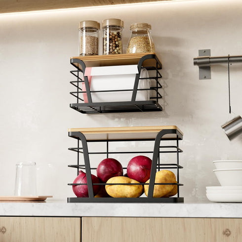 2 Pack TIDIIABODE Stackable Storage Laundry Kitchen Organizers, Wall Mount Trash Bag Holder with Bamboo Top and Garbage