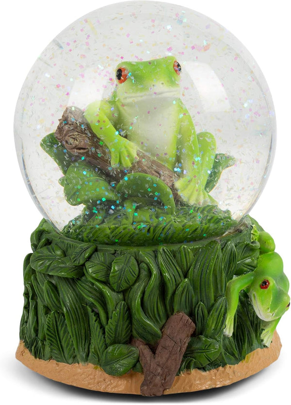 Elanze Designs Playful Green Tree Frog Tabletop Figurine, 100MM Glitter Water Wind Up Musical Snow Globe
