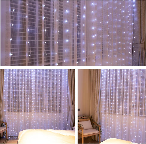 Upgrade 300LED White Curtain Light, 9.8ft x 9.8ft Copper Wire String Lights, USB Plug Hanging Window Fairy Lights