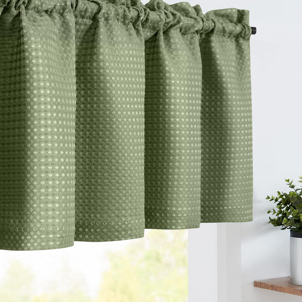 Waffle-Weave Textured Valance for Kitchen - Waterproof Window Curtains (60-inch x 18-inch, Sage, One Panel)
