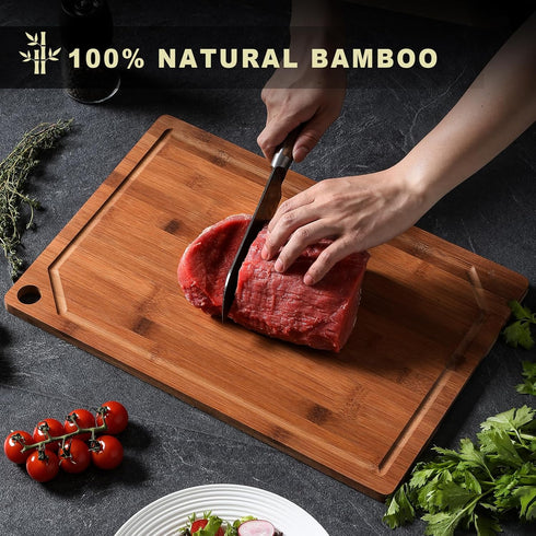 Set 18" 12" Hiware Wood Cutting Boards for Kitchen, Heavy Duty Bamboo Cutting Board with Juice Groove, Bamboo Chopping