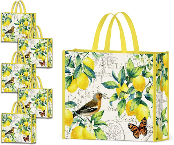 NymphFable 5 Pack Reusable Shopping Bags Lemons Bird Butterfly Washable Grocery Bags Fabric