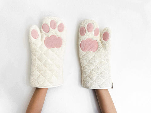 Cricket & Junebug Oven Mitts, Cat Paws - White and Pink.