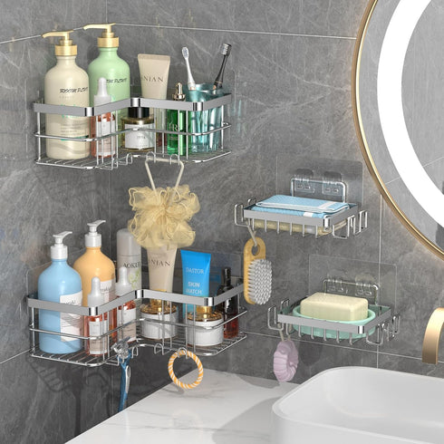 4-Pack Yazoni Corner Shower Caddy, Adhesive Shower Shelves with Soap Holder No Drilling, Rustproof Bathroom Shower