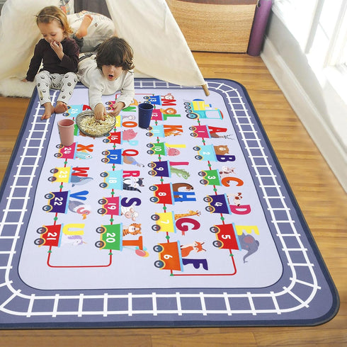 5x7Ft, 5'x7') HiiARug Playroom Rug, Train and Road Kids Play Mat Non-Slip ABC Rug Educational Washable Rugs