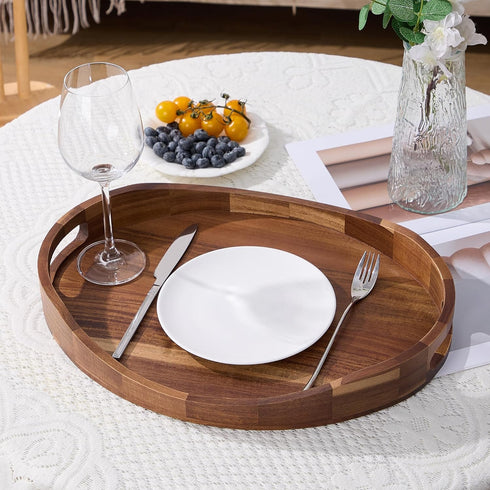 NAVORIX 17'' 13'' Counter Acacia Wood Serving Tray with Handles - x Round, Decorative Ottoman Trays for Breakfast, Home