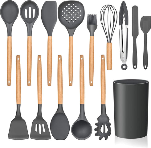 LIANYU 15-Piece Kitchen Silicone Cooking Utensils Set with Holder, Wooden Handle Tools in Black Gray