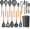 LIANYU 15-Piece Kitchen Silicone Cooking Utensils Set with Holder, Wooden Handle Tools in Black Gray