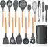 LIANYU 15-Piece Kitchen Silicone Cooking Utensils Set with Holder, Wooden Handle Tools in Black Gray