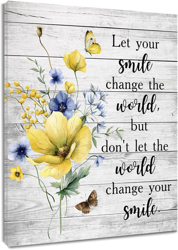 LB Yellow Floral Wall Art - Butterfly Blue Flower Funny Inspirational Canvas for Bathroom Rustic Farmhouse Decor