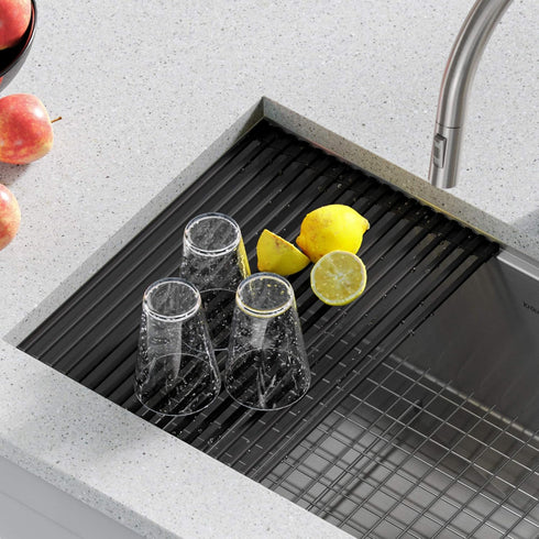 Kraus KRM-11YL Multipurpose Workstation Sink Roll-Up Dish Drying Rack, Colander and Trivet in Yellow