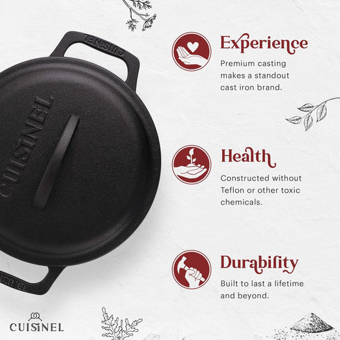 Cuisinel Cast Iron Dutch Oven - 3-Quart Deep Pot with Lid, Pan Scraper, Handle Covers for Indoor/Outdoor Cooking,