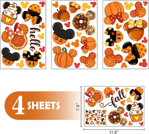 Mfault Hello Fall Cartoon Mouse Window Clings 4 Sheets, Autumn Pumpkin Doughnut Acorn Cupcake Stickers Decals Decorations, Maple Leaves Seasonal Home Kitchen Decor