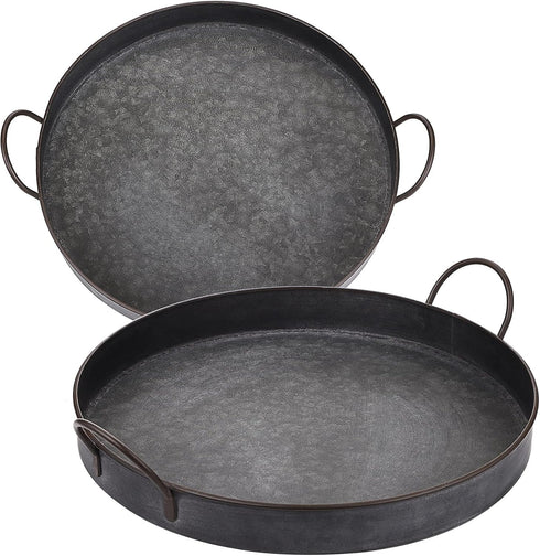 Hipiwe Set 2 13.6 inch 12.2 inch of Industrial Style Metal Iron Serving Tray with Handle, Rustic Galvanized Storage