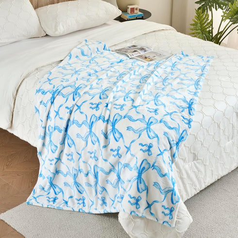 60x80 Inch Blue Bow Twin Blanket Soft Fleece Blanket for Girls and Women, Coquette Aesthetic Room Decor for Bed, Couch