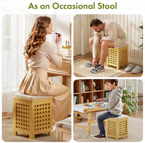 2-in-1 Bamboo End Table with Removable Cushion and Hidden Storage, Ottoman Side Table with Breathable Grid Design