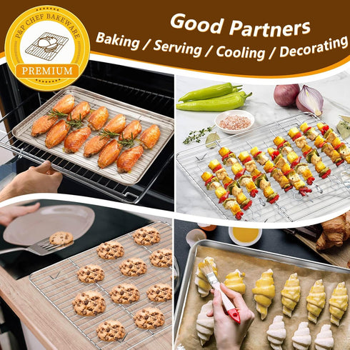 P&P CHEF Set of 2 Baking Sheets with Racks, Stainless Steel Cookie Sheet & Cooling Rack, 2 Sizes (16” + 12.5”)