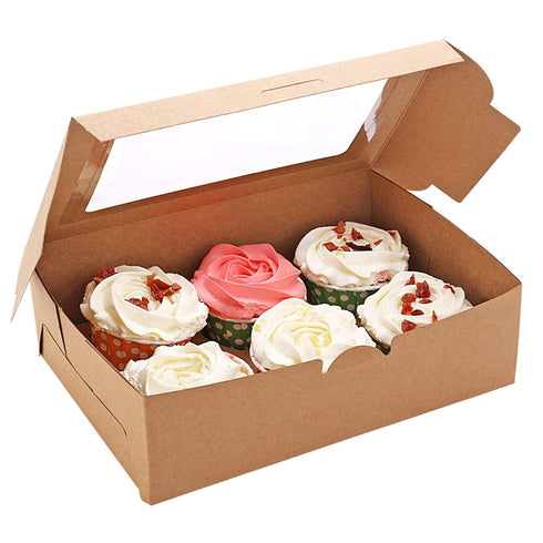 30-Set Cupcake Boxes with Inserts and Window, Brown Food Grade Kraft Holder for 6 Cupcakes, 9.4'' x 6.3'' x 3'', for