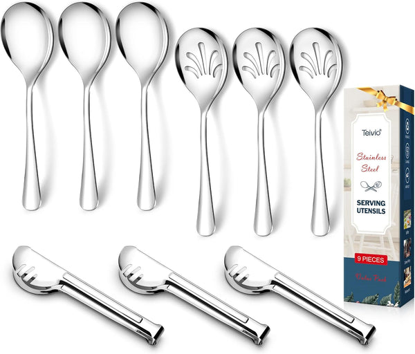 Teivio Stainless Steel Serving Utensils Set - Large 9-10" Spoons, 10" Slotted Spoons, 9" Tongs (Silver)