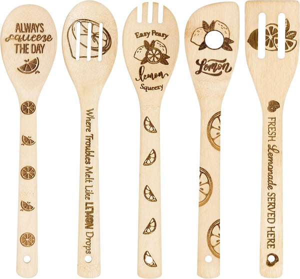 5Pcs Lemon Wooden Cooking Spoons Set - Summer Lemon Theme Kitchen Utensils, Natural Non-Stick Carve Burned Bamboo Spoon