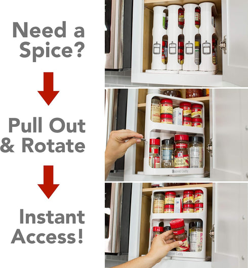 Cabinet Caddy Spice Rack Organizer for Cabinet - Slide & Rotate Kitchen Organizers - 2 Double-Decker Shelves - Non-Skid