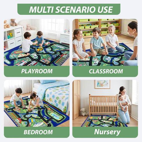 4'x6' Kids Car Rug Play Mat - City Road Map for Toy Cars, Non-Slip, Machine Washable, Educational Carpet for Playroom