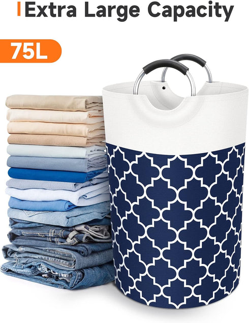 Large Laundry Basket, Collapsible Tall Hamper Bag with Handles, Waterproof Storage for College Dorm, Family (Blue) 75L