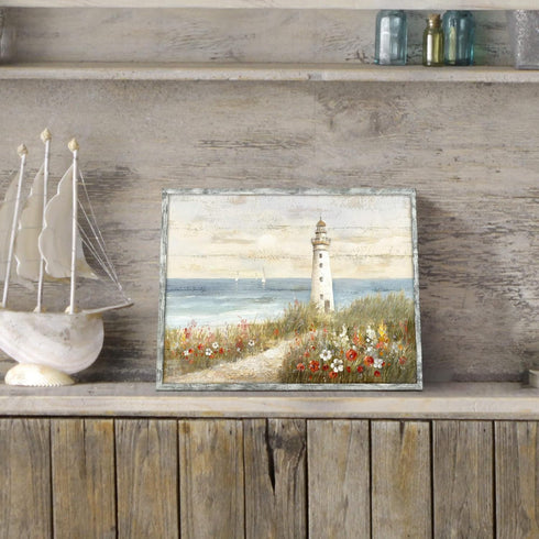 Lighthouse 16"x12" Framed Wooden Wall Art, Abstract Ocean Painting Seascape Art Prints for Home Decor