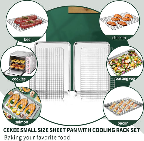 Small Baking Sheet with Rack Set - 2 Small Cookie Sheets + 2 Small Baking Racks, CEKEE Stainless Steel