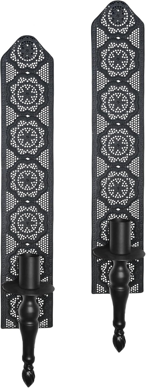Vintage Black Wall Sconce Candle Holder with Intricate Pattern, Rustic Metal Taper