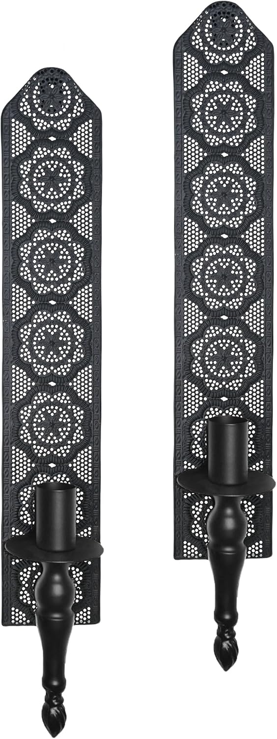 Vintage Black Wall Sconce Candle Holder with Intricate Pattern, Rustic Metal Taper