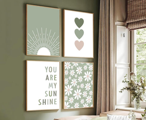 Aglcatie Set 4 12x16 Boho Wall Art of Sage Green Nursery Wall Decor You Are My Sunshine Canvas Painting Prints Daisy