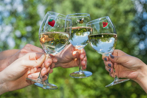 Magnetic Wine Glass Charms Set of 6 with Bee, Strawberry, and Flowers - Fun Drink Markers or Cocktail Identifiers