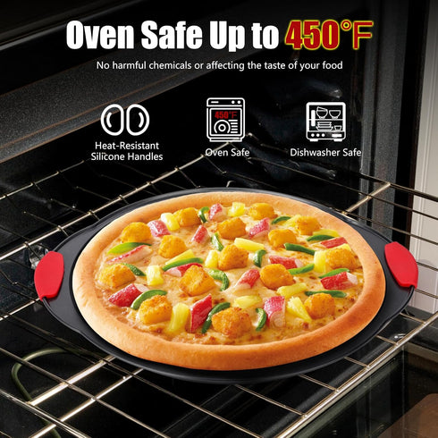 Non-Stick Pizza Pans, 2 PACK Round Trays for Oven, 13 Inch Baking Pan with Pizza Cutter and Silicone Handle