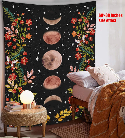 Lifeel Moonlit Garden Tapestry, Black Wall Decor Tapestry with Moon Phase Surrounded by Vines and Flowers 60×80 inches