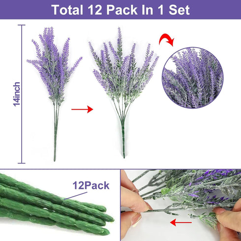 TURNMEON 12 Bundles Artificial Lavender Flowers, UV Resistant Faux Plastic Shrubs for Wedding Bouquet and Home Decor