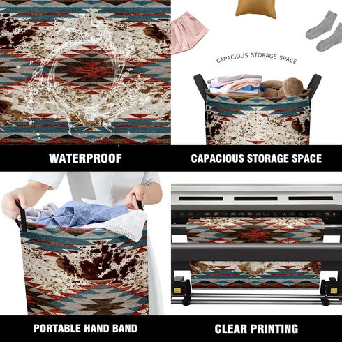 Western Aztec Cow Print Baby Laundry Hamper, Waterproof Storage Bin for Clothes Organizer, Room Decor